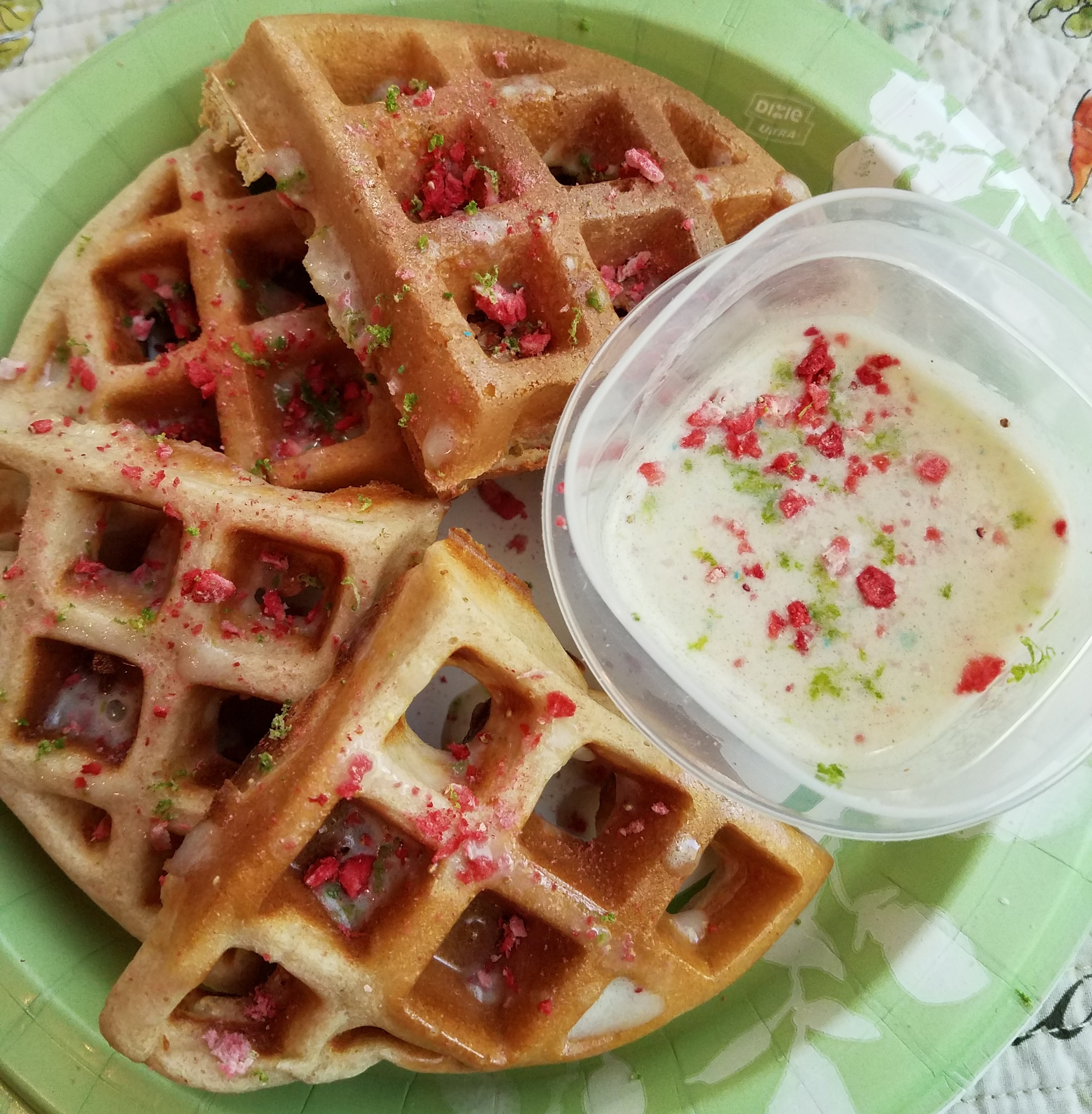 Protein waffles with fruit cereal syrup